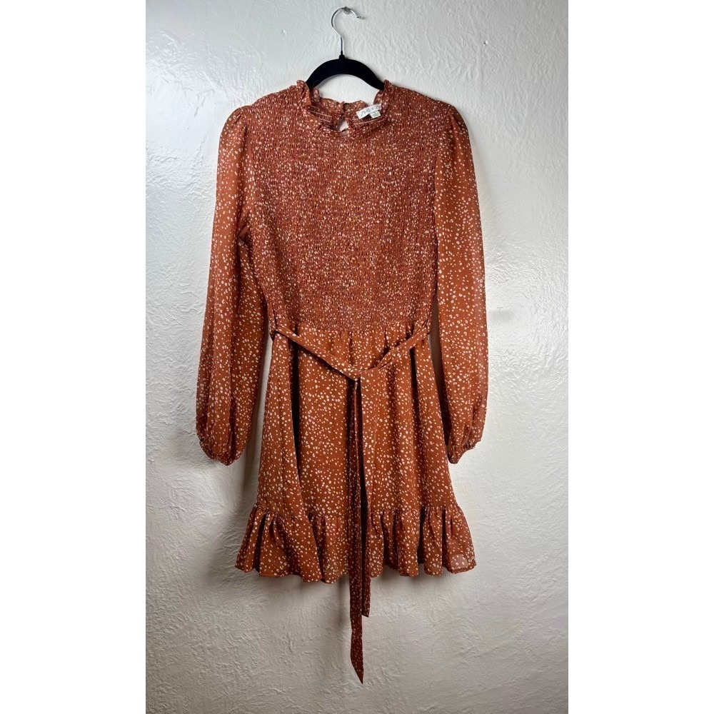 She + Sky Dress Womens S Rust Polka Dot Smocked‎ Ruffle Boho Cottagecore SS4935